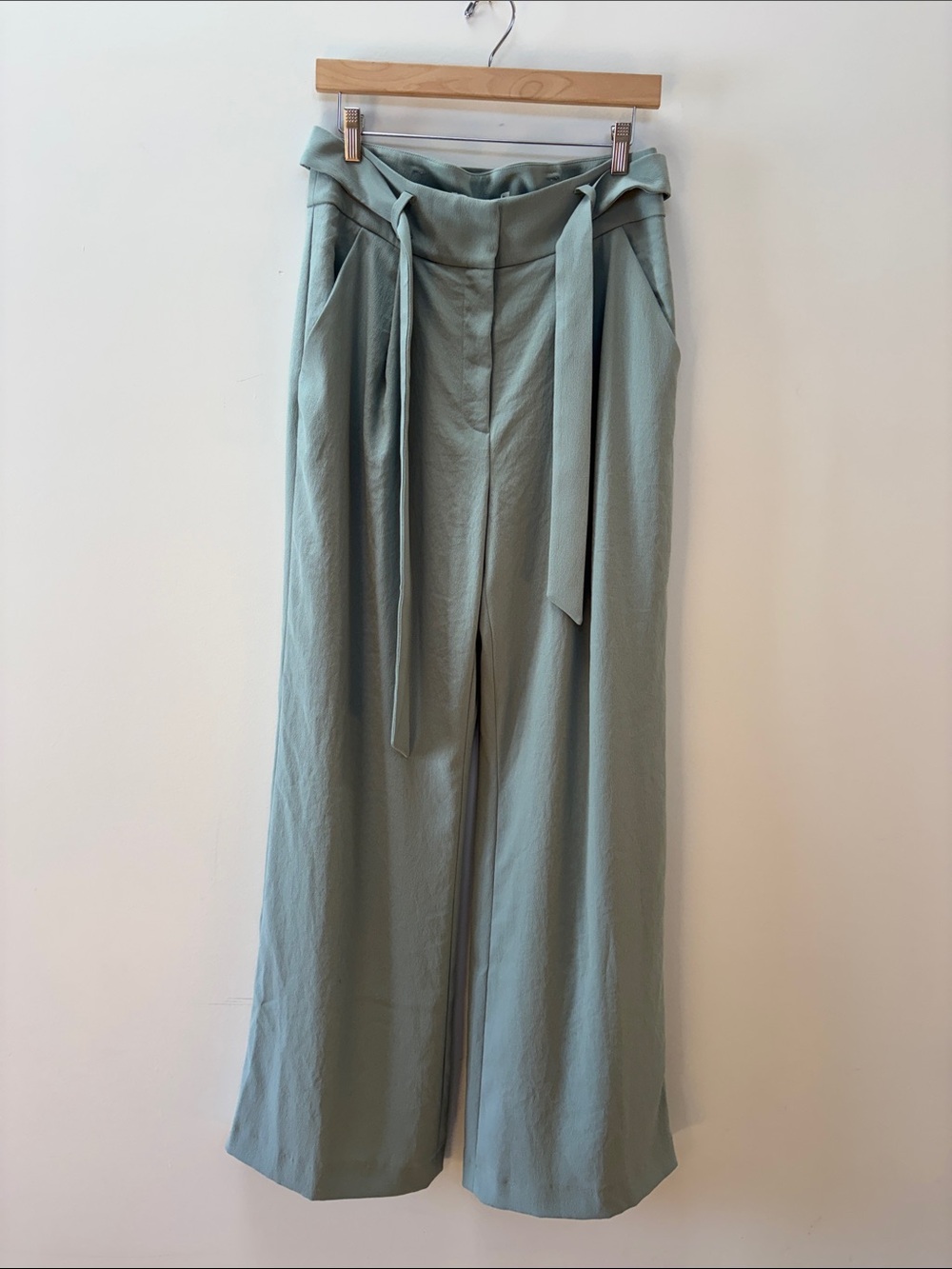 Veronica Beard Sage Green Wide-Leg Tie Waist Pants